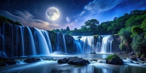 Model grafic complet pentru fototapet cascadă sub clar de lună, design pentru tapet personalizat peisaj nocturn