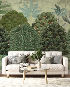Amenajare de living modern cu fototapet personalizat Livada Tropicală și o canapea albă elegantă, exemplificând modul în care acest tapet botanical transformă atmosfera camerei.
