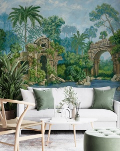 Living luminos cu canapea albă și perne verzi, decorat cu fototapet ruine antice în junglă, tapet personalizat stil pictură