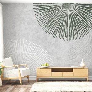 Living luminos decorat cu fototapet personalizat Zen Radial, unde nuanțele de verde și gri ale acestui tapet pun în valoare mobilierul modern și atmosfera caldă a casei.