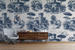 Amenajare de living modern cu fototapet personalizat Cetatea Medievală, completat de un fotoliu gri stilat și mobilier din lemn, oferind un aspect de tapet clasic și elegant