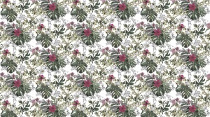 Model grafic de fototapet cu pattern repetitiv tropical de monstera și flori de hibiscus pe fundal alb, ideal pentru realizarea unui tapet personalizat de înaltă calitate pentru orice cameră.