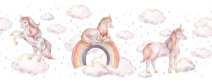 Design grafic pentru fototapet personalizat „Unicorni pe Norișori”, prezentând o ilustrație în acuarelă cu unicorni magici, curcubeu și nori, un model de tapet de vis.