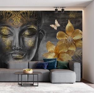 Fototapet Buddha negru auriu în living modern cu canapea gri modulară, măsuță ovală maro și perne în albastru și verde petrol