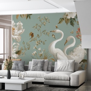 Fototapet chinoiserie cocori albi în living modern cu canapea gri în formă de L, perne în carouri și măsuță albă striată