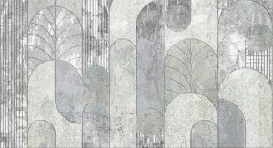 Fototapet geometric art deco gri, cu arcade, cercuri și motiv de frunză de palmier
