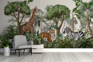Fototapet personalizat Inima Junglei montat într-un living modern, alături de un fotoliu gri, transformând peretele într-un punct central spectaculos prin acest tapet deosebit.
