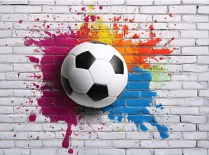 Model grafic complet pentru fototapet modern football splash, design pentru tapet personalizat cu minge de fotbal și efect graffiti pe cărămidă