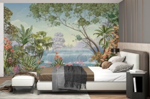 Dormitor modern amenajat cu fototapet personalizat Paradis Floral așezat în spatele patului, oferind o atmosferă relaxantă și naturală prin acest tapet premium.