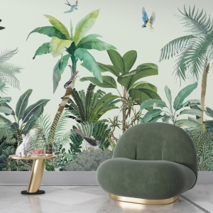 Colț de relaxare modern cu fotoliu verde de catifea, decorat cu fototapet paradisul frunzelor tropicale, tapet personalizat cu palmieri și păsări
