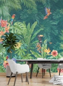 Dining modern cu masă neagră și scaune tapițate, având pe fundal un fototapet exotic cu vegetație luxuriantă și tucani, tapet personalizat vibrant