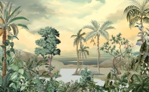 Design grafic pentru fototapet de lux cu tematică tropicală, reprezentând o ilustrație detaliată pentru un tapet personalizat cu palmieri și peisaj de vis.
