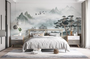 Dormitor matrimonial decorat cu fototapet peisaj asiatic cu munți și cocori, tapet personalizat montat la capul patului pentru o atmosferă Zen