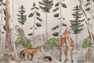 Model grafic complet pentru fototapet animalele pădurii în amurg, design pentru tapet personalizat cu ilustrație vintage și animale sălbatice