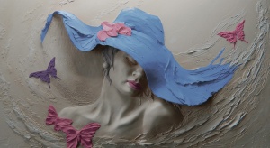 Model grafic complet pentru fototapet portret feminin cu efect de basorelief și fluturi, design pentru tapet personalizat sculptural