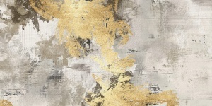 Fototapet abstract auriu gri cu particule de aur micro-texturate pe fond bej-gri texturat cu efect de beton lustruit, compoziție organică asimetrică