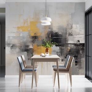 Fototapet abstract gri auriu în dining scandinav cu masă pătrată din lemn deschis, scaune bicolore și lampă suspendată albă