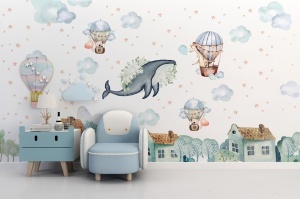 Amenajare cameră de copii cu fototapet personalizat Balena în Văzduh, decorat cu un fotoliu albastru și mobilier minimalist, oferind un aspect magic prin acest tapet artistic.