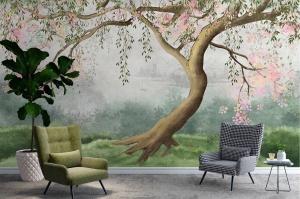 Amenajare living confortabil cu fotolii și plantă mare, decorat cu fototapet copac înflorit pe fundal cețos, tapet personalizat
