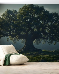 Amenajare de interior cu fototapet personalizat Copacul Vieții și un fotoliu relaxant de tip beanbag, exemplificând un tapet de dormitor cu atmosferă calmă și magică.