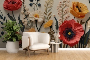 Fototapet flori mac 3D în living cu fotoliu alb din lemn, masă rotundă striată și plantă decorativă în ghiveci alb