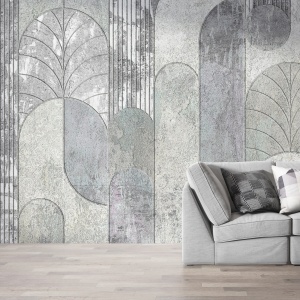 Fototapet geometric art deco gri montat în living, cu canapea modulară gri