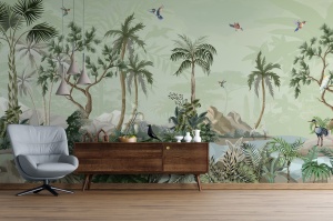 Colț de citit cu fotoliu gri și comodă vintage, decorat cu fototapet exotic cu palmieri și colibri, tapet personalizat stil ilustrație