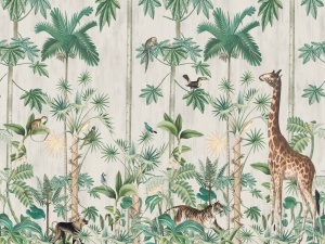 Model grafic complet pentru fototapet lumea animalelor sălbatice cu girafă și tigru, design pentru tapet personalizat stil ilustrație veche