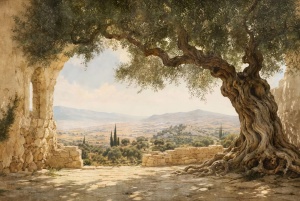 Fototapet măslin secular cu trunchi răsucit, arcadă de piatră, cipreși și vale mediteraneană sub cer cu nori