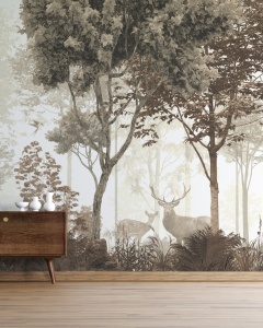 Hol decorat în stil vintage cu comodă din lemn, având pe fundal un fototapet monocrom cu peisaj de pădure și animale, tapet personalizat
