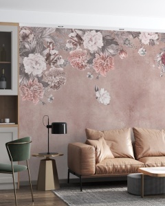 Amenajare de living modern cu fototapet personalizat „Petale de Catifea”, canapea din piele maro și scaun verde, un tapet premium ce oferă o atmosferă rafinată casei.
