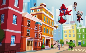 Model grafic complet pentru fototapet Spidey și prietenii săi în acțiune, design pentru tapet personalizat cu supereroi Disney