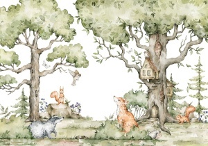 Design grafic pentru fototapet personalizat „Vulpea din Pădure”, redând o ilustrație în acuarelă cu animale sălbatice și o căsuță în copac, un model de tapet artistic pentru camera copiilor.