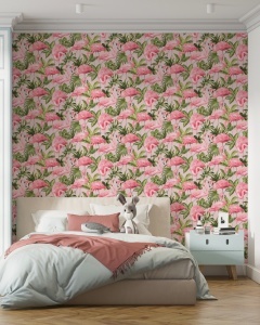 Decor cameră de copii sau dormitor modern cu un fototapet vesel cu flamingo roz, un model de tapet personalizat care aduce prospețime și bucurie întregului spațiu.