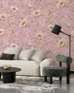 Living elegant amenajat cu canapea albă și fotoliu verde de catifea, având pe fundal un fototapet Chinoiserie cu flori pe fundal roz, tapet personalizat