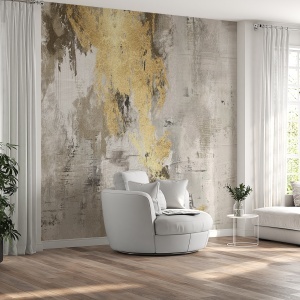 Fototapet abstract auriu gri în living minimalist cu fotoliu rotund gri, măsuță albă, draperii albe și plante decorative