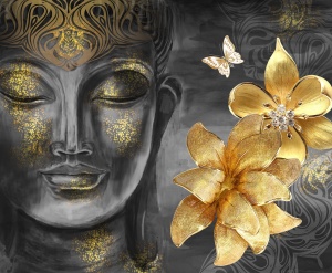 Fototapet Buddha negru auriu cu chip meditativ acoperit de particule aurii, flori de lotus sculptate în aur cu diamante și fluture alb pe fond gri-negru