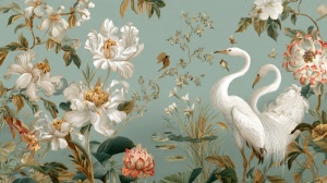 Fototapet chinoiserie cu cocori albi și bujori pe fond verde-celadon — ilustrație botanică vintage cu egrete, flori de lotus roz și pasări colorate