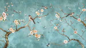 Fototapet chinoiserie cu păsări pe ramuri înflorite și flori de cireș roz pe fond turcoaz texturat, stil ilustrație orientală vintage