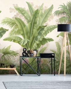 Amenajare interioară de living cu accente exotice, creată cu ajutorul unui fototapet botanic spectaculos. Atmosfera relaxantă este susținută de acest tapet personalizat, care servește drept fundal perfect pentru mobilierul minimalist și accesoriile decora