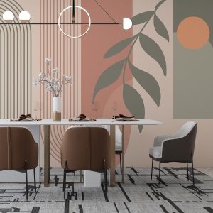 Fototapet geometric boho într-o zonă de dining, cu masă albă, scaune maro din piele și lustră modernă cu inel luminos