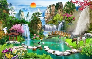 Model grafic complet pentru fototapet paradisul asiatic cu pagodă, cascade, cocori și cai, design pentru tapet personalizat stil Feng Shui