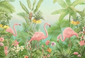 Model grafic complet pentru fototapet junglă cu flamingo roz și vegetație exotică, design pentru tapet personalizat colorat