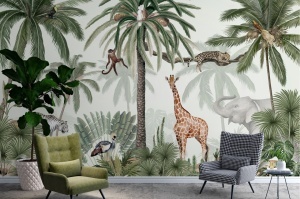 Interior sofisticat decorat cu fototapet personalizat cu tematică tropicală, fotoliu verde și fotoliu în carouri, punând în valoare acest tapet deosebit prin accente moderne de design.