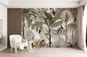 Living elegant decorat cu fotoliu alb modern și măsuță aurie, având pe fundal un fototapet exotic cu maimuțe și palmieri, tapet personalizat