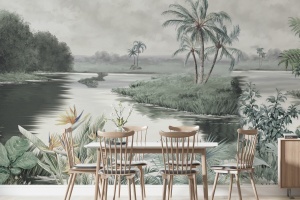Fototapet lac tropical în zona de dining, cu masă albă și scaune din lemn deschis