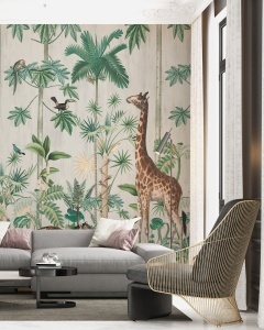 Living modern cu canapea gri și fotoliu metalic, decorat cu fototapet lumea animalelor sălbatice, tapet personalizat cu girafă și tigru