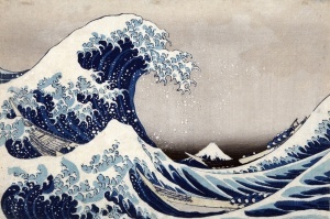 Model grafic complet pentru fototapet Marele Val de la Kanagawa de Hokusai, design pentru tapet personalizat stil artă japoneză