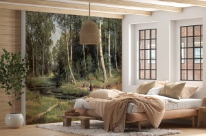 Fototapet pădure cu pârâu în dormitor rustic modern cu pat din lemn natural, lenjerie bej-portocaliu, lampă suspendată din răchită și grinzi aparente