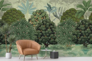 Colț de relaxare stilat cu fototapet personalizat cu tematică de livadă tropicală și un fotoliu portocaliu modern, un model de tapet vibrant ce aduce natura în interior.